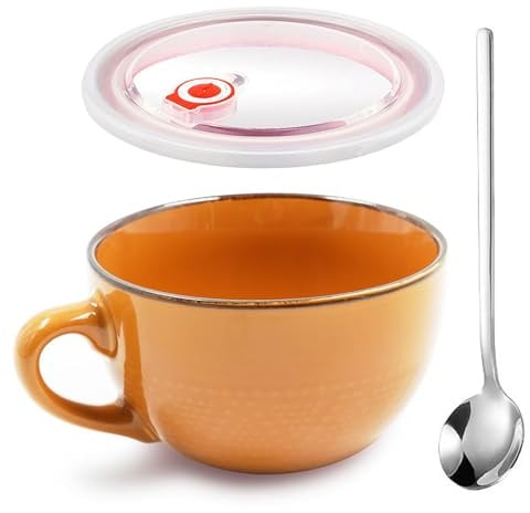 Groß Tasse Keramik, 700ml Groß Müslischalen mit Henkel, Salat Schale, Große Teetasse Mit Deckel und Löffel, Wiederverwendbar Porzellan Kaffee Tasse, Kaffeetasse Tasse, Suppen, Für Cafés(Orange)