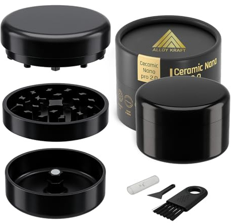 Grinder Keramik Premium NANO PRO 2.0 | Antihaftbeschichtung mit Nano-Keramik | Quick-Connect ohne Gewinde & 3× N52 Magnet | 62 mm Ø Kräutermühle mit Tiefer Kammer | Crusher für Gewürze (Schwarz)