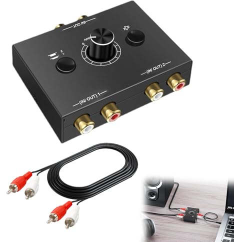 RCA Audio Switcher 2(1)-In-1(2)-Out Bidirektionale Cinch-Lautsprecher-Umschaltbox mit Lautstärkeregler Stummschalttaste und keine externe Stromversorgung erforderlich, Schwarz