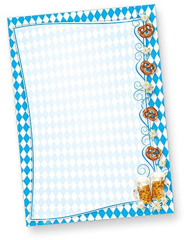 Briefpapier bayrisch (50 Stück) mit Rautenmuster Bayern, Bier und Brezeln für Einladung oder Speisekarten zum bayrischen Fest