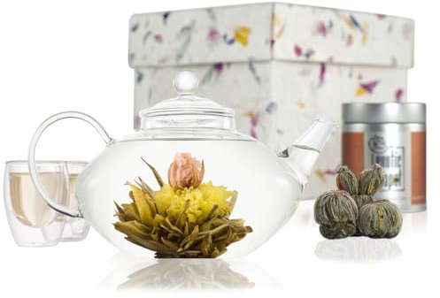 The Exotic Teapot - Prestige Flowering Tea Gift Set, Glass Teapot (800ml) with Infuser, Sampler Tin of 5 Blooming Teas, Handmade Gift Box