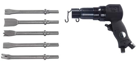 Rodcraft RC5120 Werkzeug-Set: Druckluft Meißelhammer RC5100 für Metall, HEX 11 mm, 6 J Schlagkraft, 3000 Schläge/Minute, mit 5 Meißel und Koffer, Schwarz
