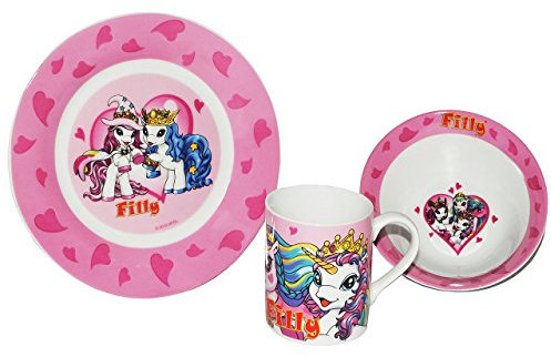 alles-meine.de GmbH 3 TLG. Geschirrset - Filly Pferde aus Porzellan - Keramik Trinktasse Teller - Kindergeschirr - Frühstücksset Mädchen - Geschirrset - Pferd/Einhorn & Prinzes..
