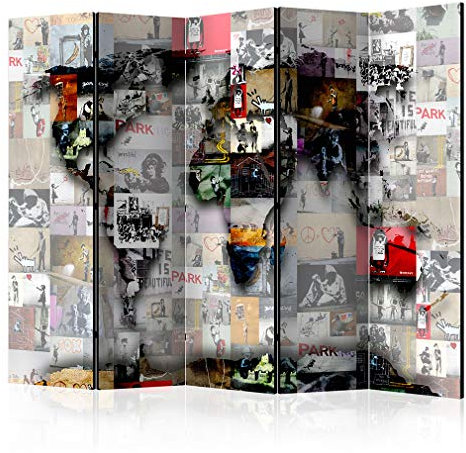 decomonkey Paravent Raumteiler Innen Banksy Weltkarte 225x172 cm 5 Teilig Beidseitig Room Divider Wall Raumteiler Stehend Trennwand Sichtschutz Spanische Wand Sichtschutzwand Wohnzimmer Holz