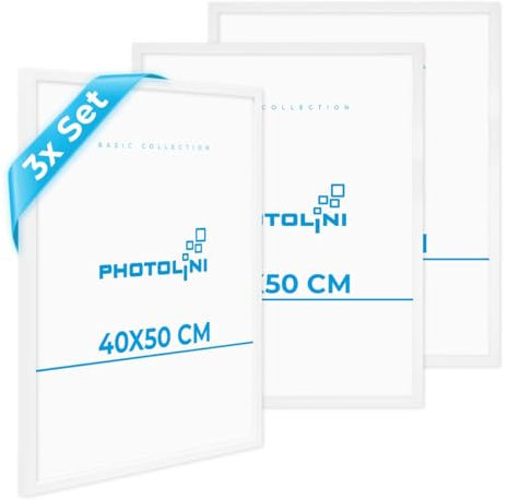 PHOTOLINI Bilderrahmen 40x50 weiß Holz MDF, 3er Set Bilderrahmen 50x40 weiß mit bruchsicherem Acrylglas, Rahmen 40x50 zum Aufhängen, 50 x 40 frame mit Zubehör - picture frames für Fotos & Poster