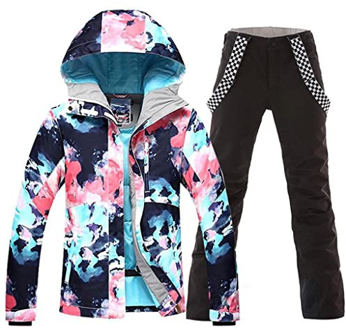 RIUIYELE Damen Ski Lätzchen Anzugjacke Wasserdicht Snowboard-Bunte gedrucktes Ski Jacke und Hose Set Klein style3