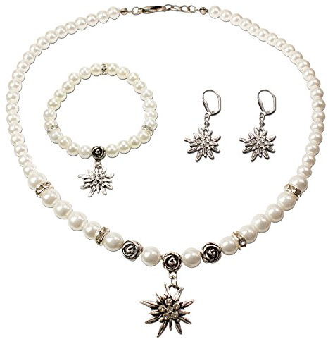 Schmuckset Trachtenkette Perlenkette und Edelweiß-Armband und Ohrhänger - Damen Dirndlkette,Perlenarmband & Trachtenohrringe Strass-Edelweiss zur Trachtenbluse,Dirndl-Schmuck Oktoberfest (creme-weiß)