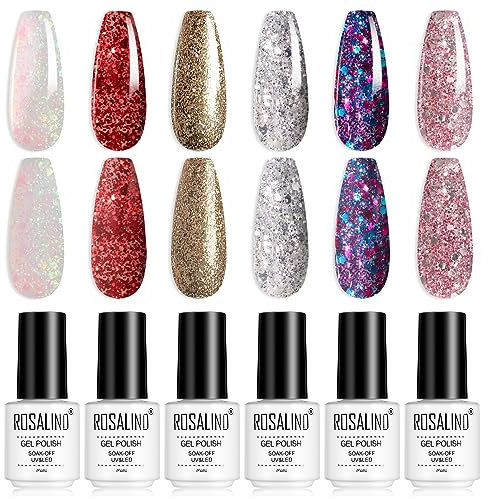 ROSALIND Vernis Semi Permanant, Vernis Gel UV Semi Permanent 6 Couleurs Violette Rouge Blanc Rose Paillettes Vernis à Ongles Soak Off UV/LED Semi-permanent Manucure
