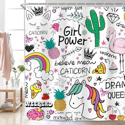 Riyidecor Einhorn-Duschvorhang, 182 x 183 cm, Cartoon-Design, Kinder, Mädchen, Teenager, Fee, Regenbogen, niedlich, 12 Metallhaken, Flamingo, Kaktus, Ananas, Dekoration, Polyester, wasserdicht
