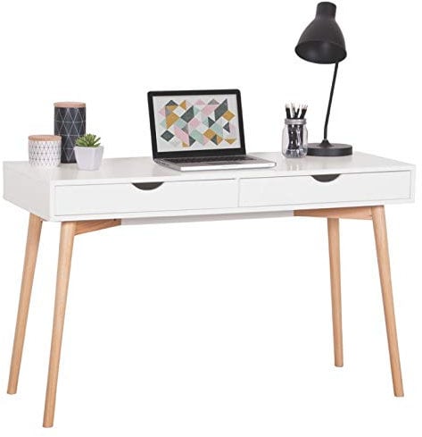 Casa Vital Office Desk Skandi, White, with solid Beech Legs, 2 Drawers Included, 120x48x75 cm, MDF for Home Office or Sideboard