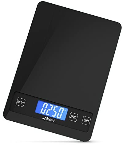 ﻿﻿Liebfeld Küchenwaage Digital - Präzise Waage aus Edelstahl u. Glas mit großer Wiegefläche bis 15kg - Beleuchtetes Display - Digitale Haushaltswaage inkl. 2 AA Batterien - Küchen Zubehör ﻿