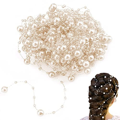 10M Perlengirlande Künstliche Perlen, Perlenband Perlenkette Deko, Perlenschnur Weihnachtskette Weihnachten Advent Garland-Blumen, Hochzeitsfeier Dekoration(Beige)