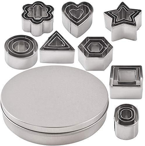 Newk Juego de 24 cortadores de galletas de acero inoxidable, corazón, estrella, flor, formas geométricas, varios tamaños, mini cortadores de galletas