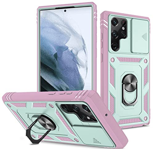 for Samsung Galaxy S22 Ultra Case with Slide Camera Cover, Ring Holder Military Grade Protective Silicone Shockproof Tough Armor Hard Mobile Phone Cover for Samsung S22 Ultra (Pink)