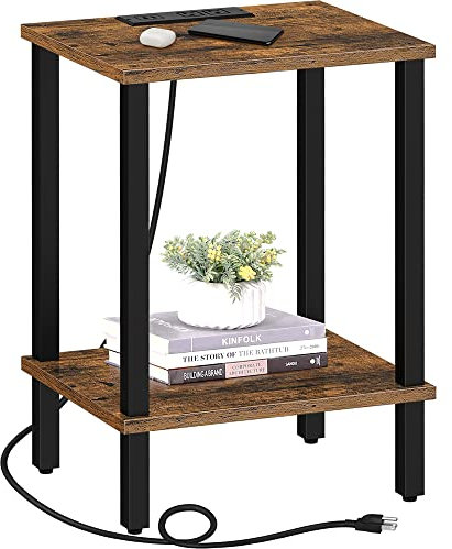TUTOTAK Beistelltisch mit Ladestation, Beistelltisch mit USB-Anschlüssen und Steckdosen, Nachttisch, 2-stöckiges Aufbewahrungsregal, Sofatisch für kleinen Raum, Wohnzimmer, Schlafzimmer, Rustikales