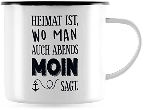 JUNIWORDS Emaille-Tasse, Heimat ist, wo Man auch abends Moin SAGT, Schwarzer Tassenrand (1007506)