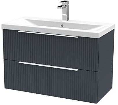 Hudson Reed DFF1495A Fluted Modern Bathroom Wall Hung 2 Drawer Vanity Basin Unit with Mid-Edge Ceramic Basin, 800mm, Soft Black