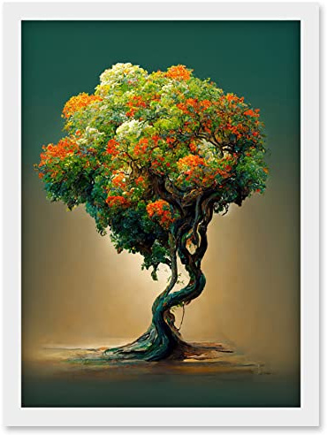 Doppelganger33 LTD Ethereal Bonsai Lone Tree Green Orange Artwork Framed Wall Art Print A4