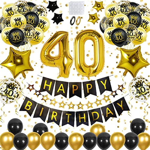 40 Geburtstag Männer Deko,Schwarzes Gold Luftballons 40. geburtstag Männer/Frauen mit Geburtstagsdeko 40 Happy Birthday Banner,40 Geburtstag Deko,Gold Konfetti luftballons für 40 Geburtstag Dekoration