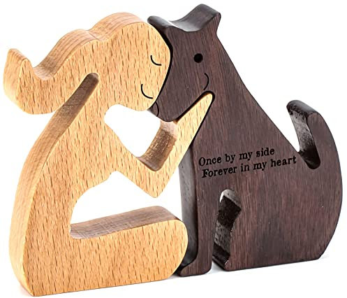 Familiendekoration Holz Welpenstatue Holzschnitzdekoration Haustierliebhaber Geschenke Holzskulptur Frauen und Hund Kleine Wohnzimmerdekoration für Zuhause