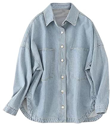 Women Denim Jacket Shacket Long Sleeve Oversize Boyfriend Jean Jacket Shirt, Light Blue, S