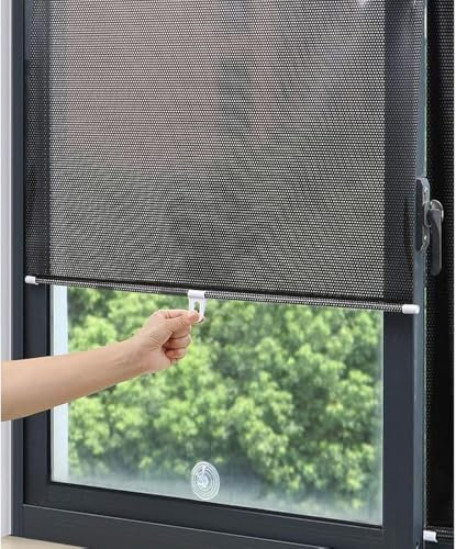 Estor enrollable con ventosa, sin necesidad de taladrar, pantalla de privacidad portátil, para balcón, ventana, con pegatinas transparentes (puntos de malla negra, paquete de 2), 68 x 125 cm