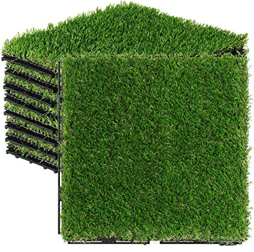 Kunstrasen, Fliesen, ineinandergreifende Rasen, quadratisch, Deck, 9 Stück, 30,5 x 30,5 cm, für drinnen und draußen, Kunstrasenteppich mit Drainagelöchern, Fake-Grasfliesen, selbstentleerend, für