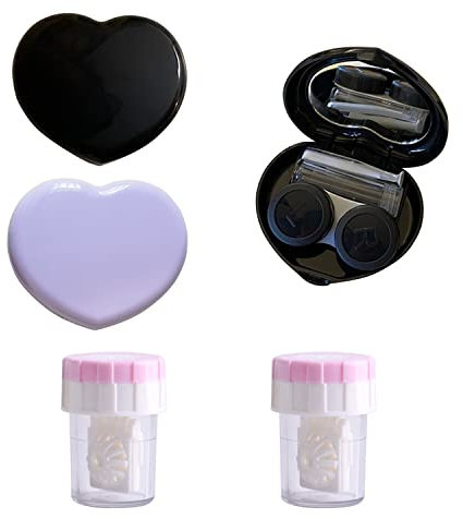 Komociya 2PCS Heart Contact Lens Case Box with Mirror, Portable Travel Contact Lens Box Kit with Lens Cleaner Solution Bottle Tweezers Remover for Office