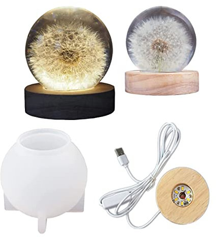 Chedin DIY Runde Silikon Form mit Lampenfassung, LED Lampe Kugel Epoxidharz Formen, Basteln Resin Gießform for Kleine Tischlampe (Silikonformen-Set Kaltweiß Lampenfuß)