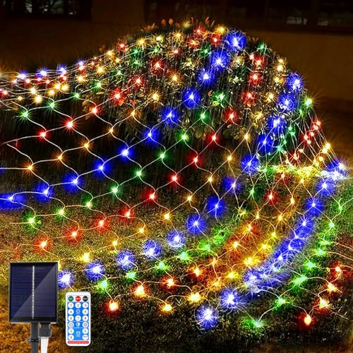 JIMACRO Lichternetz Solarleuchten Außen, 1,5 m x 1.5 m 96 LEDs Wasserdichte Lichterkette Netz mit 8 Modi, Fernbedienung, Baum Lichterkette für Garten Weihnachten Hochzeit Party Dekoration