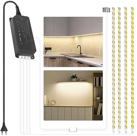 ALITOVE Juego de iluminación regulable para armario, iluminación flexible para debajo de los muebles de cocina, 4 unidades COB LED tiras con sensor y controlador LED, iluminación indirecta para TV