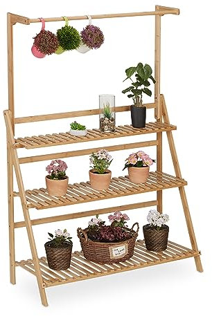 Relaxdays Étagère à Plantes, 3 étages, Barre, en Bambou, Pliable, H x L x P : 145,5 x 100 x 38 cm, Nature