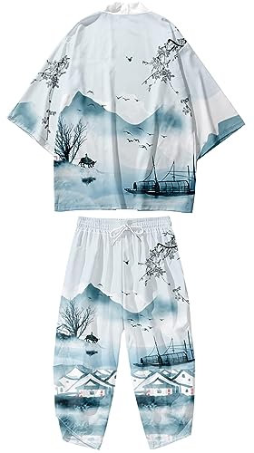 DOSLAVIDA Ensemble cardigan kimono japonais pour homme style chinois imprimé veste pantalon ensemble ouvert sur le devant sept manches haut et short, Style 20 - Blanc, Small