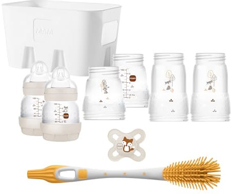 MAM Easy Start Anti-Colic Bottle Set für Neugeborene, Baby Erstausstattung mit Schnuller, Bürste, Korb & Flaschen (130, 160, 260 ml), Baby Geschenk Set zur Geburt, beige