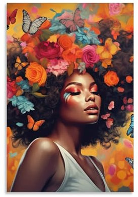 FireDeer Schwarze Wandkunst, abstrakte afroamerikanische Frau, Poster, Afro-Mädchen, Leinwand, Gemälde, moderne ästhetische Bilder für Wohnzimmer-Dekor (02-Blumen und Schmetterling, 40,6 x 61 cm,