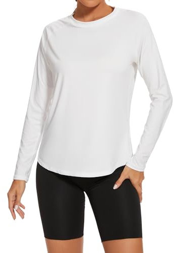 Gyabnw Long Sleeve Tops Women Lightweight Crew Neck Running Yoga UPF 50+ Workout T-Shirts Ladies Breathable Soft Casual Activewear Top White