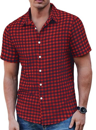 COOFANDY Mens Shirts Short Sleeve Plaid Button Down Casual Checked Summer Work Shirt Flannel Red Blue XL