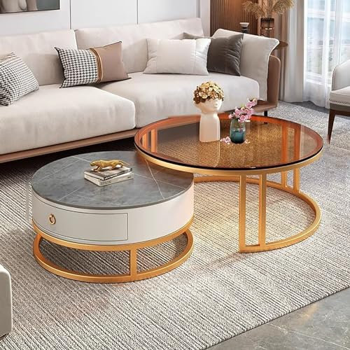 HaoJieHan Couchtisch, Runder Beistelltisch 2Er-Set, Satztisch Mit Goldenem Metallrahmen, Tischplatte Aus Klarem Glas, Beistelltische Für Wohnzimmer, Schlafzimmer, Büro, Wohnung F,(80x45)+(60x40) cm
