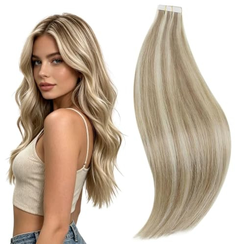 RUNATURE Echthaar Extensions Tape Aschbraun Platin 60cm 20pcs 50g #8P60 | Echthaar Extensions Tape Aschbraun-Platin,Hitzebeständig,Pflegeleicht Unsichtbare Remy Tapes,Atmungsaktiv,Kein Verknoten