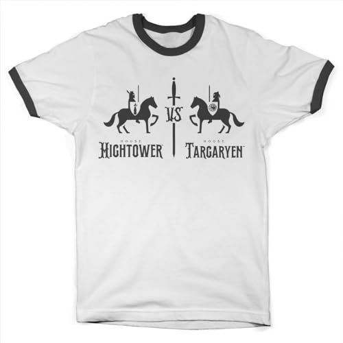 House Of the Dragon Offizielles Lizenzprodukt Hightower VS Targaryen Ringer Herren T-Shirt (Weiß-Schwarz), Large