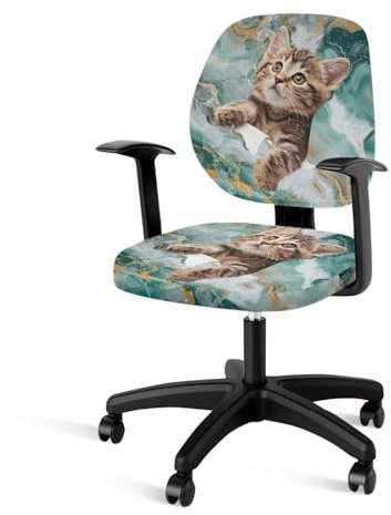 Xoenoiee Stuhlhussen mit Katzen- und Marmordruck, dehnbar, 2 Stück, Sitzbezug mit Rückenlehne, schützender dekorativer Computer-Sitzbezug