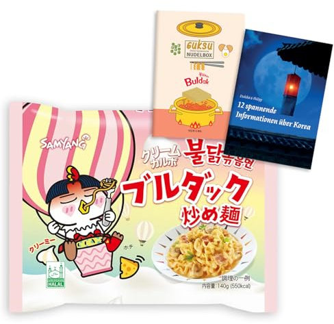Guksu Buldak Set Cream Carbonara (Limitiert) - 1x Buldak Ramen mit Hühnchen-Geschmack, Scharfe Instant-Nudeln aus Korea, Geschenkset inkl. 2 Broschüren (1 x 140g)