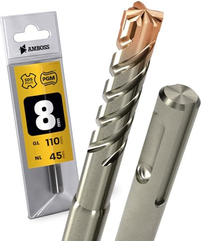 SDS Plus - Broca para martillo perforador, 4 unidades, diámetro de 8,0 mm x 45 mm, AMBOSS SDS Crusher 4 - Broca HM para hormigón, metal duro, broca profesional, 8,0 mm x 45 mm, broca para piedra,
