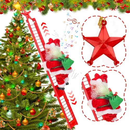 Babbo Natale che si Arrampica 50 cm Scala di Babbo Natale Arrampicatore con musica, Decorazioni Natalizie per Albero di Natale da Esterno e Interno, Babbo Natale che si Muove e Balla per Festività