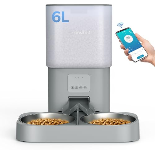 Grandtail 2.4 G WiFi Automatic Cat Feeder with APP Control 6 L Cat Food Dispenser Double Stainless Steel Bowls for Cats and Dogs, 10s Voice Recording, Dual Power Supply, Grey