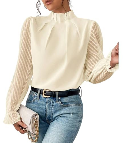 Nbzsmlkn Elegante Camicetta, Camicette Plissettate con Collo Finto da Donna, Top con Maniche A Rete, Balze, Maniche Lunghe, Casual, Larghe, Eleganti, Aderente, Tinta Unita, per Ufficio (M,Beige)