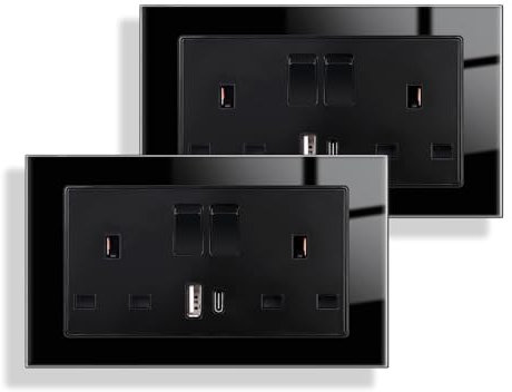 JIMEIDA 2 Pack Double Switched Socket Black 20W Fast Charging 13 Amp with USB A and Type C Charging Ports Crystal Glass Panel Switched Socket