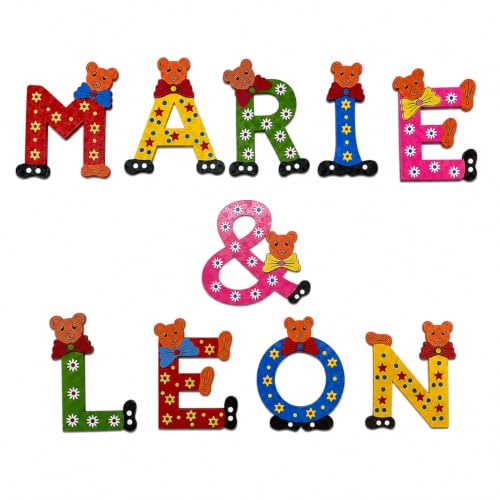 Bunte Holzbuchstaben mit Bärenmotiv – Personalisierte Namensbuchstaben aus Holz – Deko für Kinderzimmer & Babyzimmer – Geschenk zur Geburt (R)