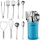 Juego de utensilios de cocina, 10 piezas, utensilios de cocina de acero inoxidable con cucharas, batidor, espátula, pinzas, cucharón, triturador y soporte para utensilios de cocina, accesorios de