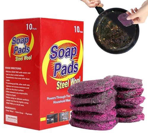 Misaakoeq Stahlwolle-Küchen-Scheuerschwämme, Scheuer-Reinigungs-Metall-Pads | 10 x mit Stahlwolle und Seife gefüllte Pads für die Küchenreinigung - Vorgeseifte Pads zur einfachen Reinigung